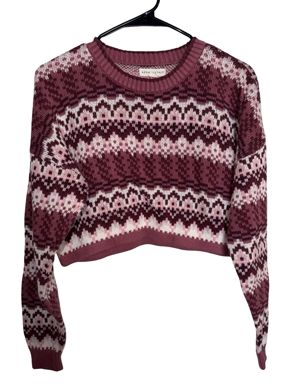 Aeropostale Maroon and Light Pink Fair Isle Cropped Crewneck Sweater